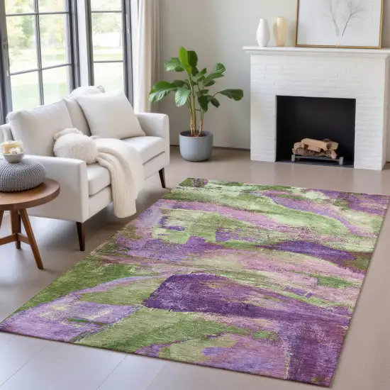 Purple Plum And Green Abstract Washable Indoor Outdoor Area Rug Photo 6
