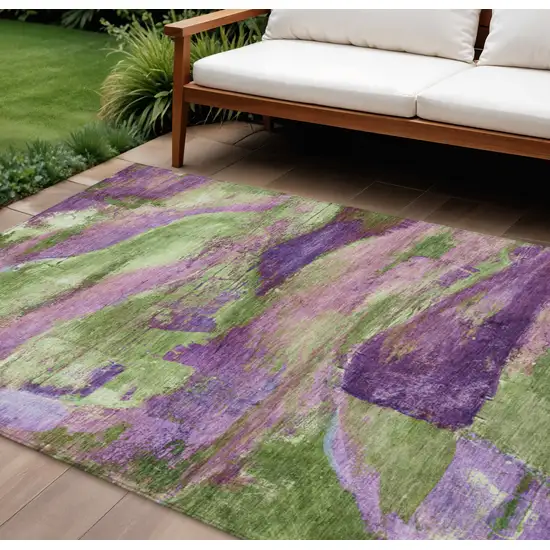 Purple Plum And Green Abstract Washable Indoor Outdoor Area Rug Photo 2