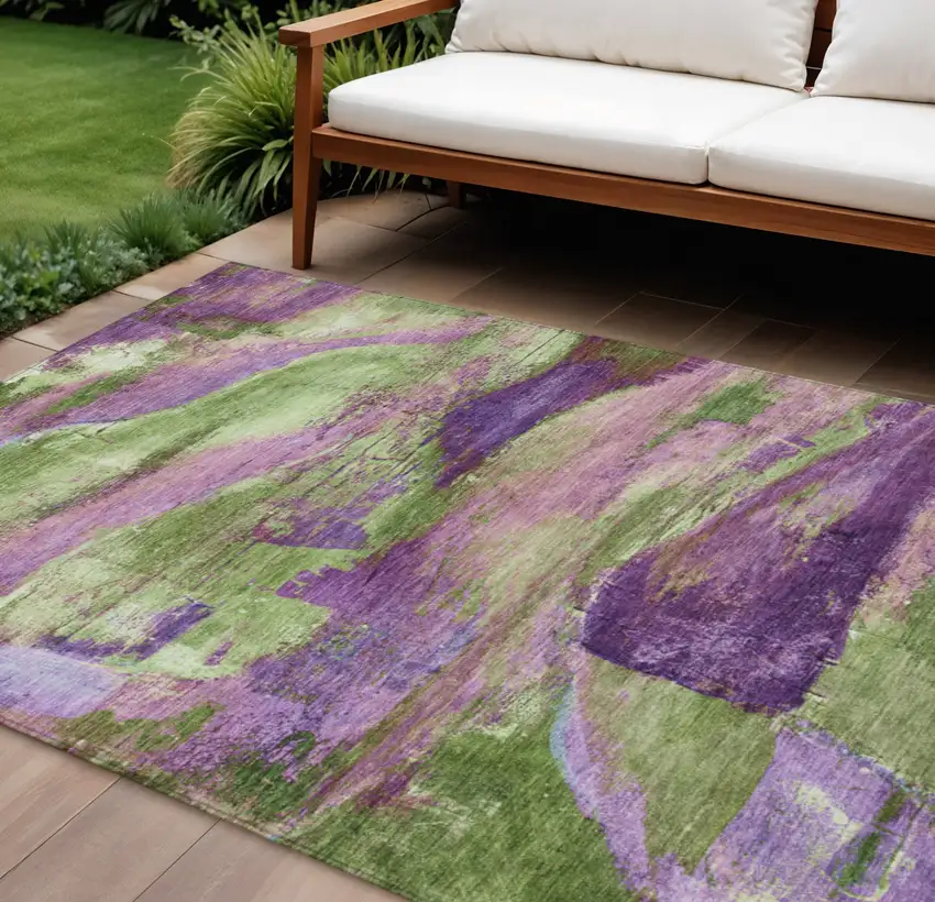 Purple Plum And Green Abstract Washable Indoor Outdoor Area Rug Photo 2