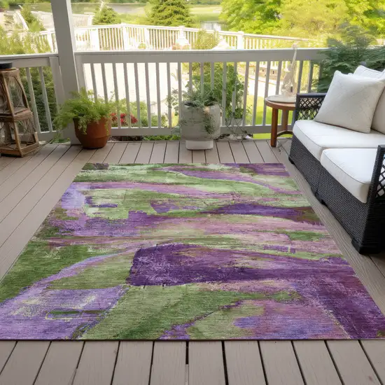 Purple Plum And Green Abstract Washable Indoor Outdoor Area Rug Photo 7