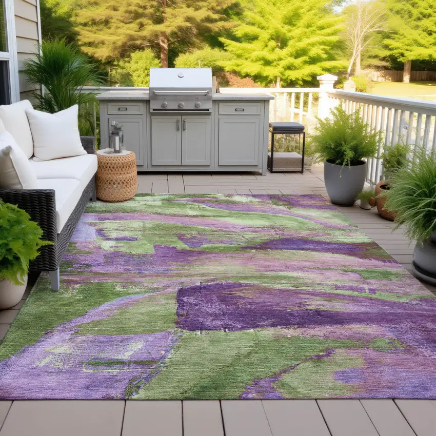 Purple Plum And Green Abstract Washable Indoor Outdoor Area Rug Photo 4