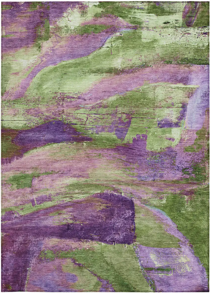 Purple Plum And Green Abstract Washable Indoor Outdoor Area Rug Photo 3