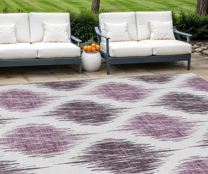 Purple Plum And Ivory Ikat Washable Indoor Outdoor Area Rug Photo 1