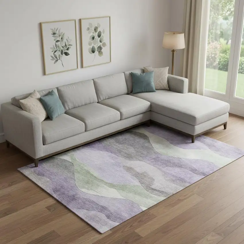 Purple Sage And Gray Abstract Washable Area Rug With UV Protection Photo 2