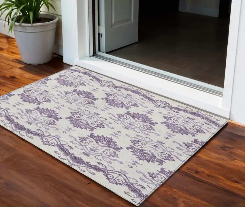 Purple Silver And Lilac Oriental Washable Indoor Outdoor Area Rug Photo 1
