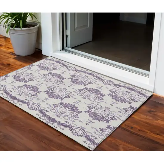 Purple Silver And Lilac Oriental Washable Indoor Outdoor Area Rug Photo 1