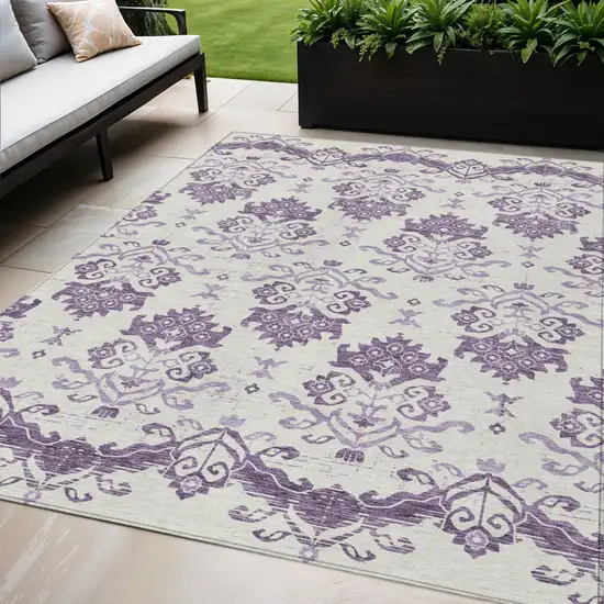 Purple Silver And Lilac Oriental Washable Indoor Outdoor Area Rug Photo 1
