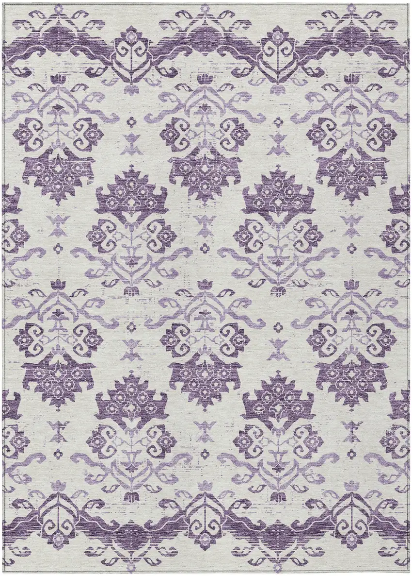 Purple Silver And Lilac Oriental Washable Indoor Outdoor Area Rug Photo 1