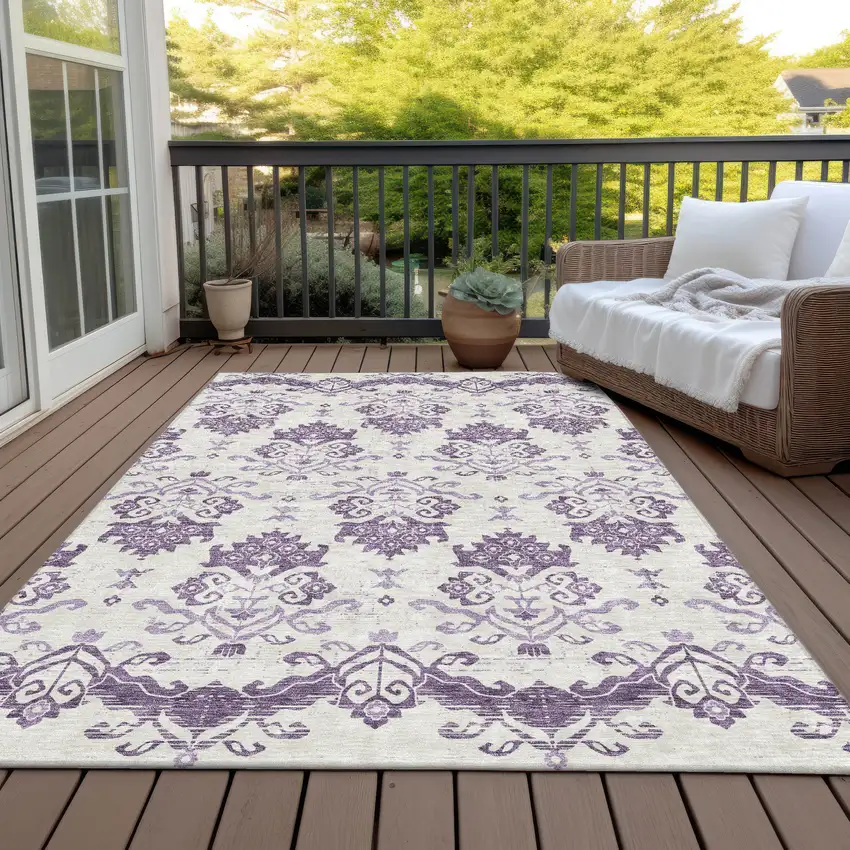 Purple Silver And Lilac Oriental Washable Indoor Outdoor Area Rug Photo 5
