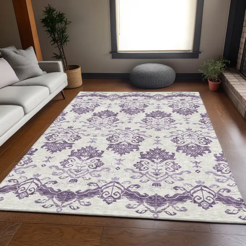Purple Silver And Lilac Oriental Washable Indoor Outdoor Area Rug Photo 6