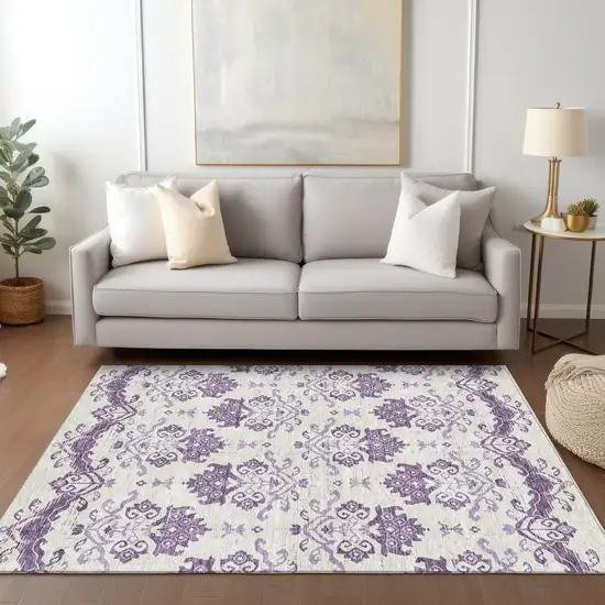 Purple Silver And Lilac Oriental Washable Indoor Outdoor Area Rug Photo 7