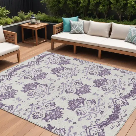 Purple Silver And Lilac Oriental Washable Indoor Outdoor Area Rug Photo 1