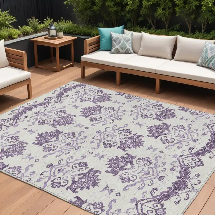 Purple Silver And Lilac Oriental Washable Indoor Outdoor Area Rug Photo 1