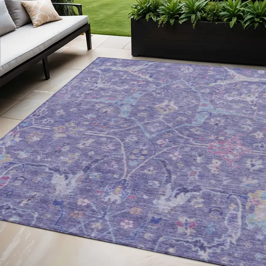 Purple Sky Blue And Silver Floral Washable Indoor Outdoor Area Rug Photo 1
