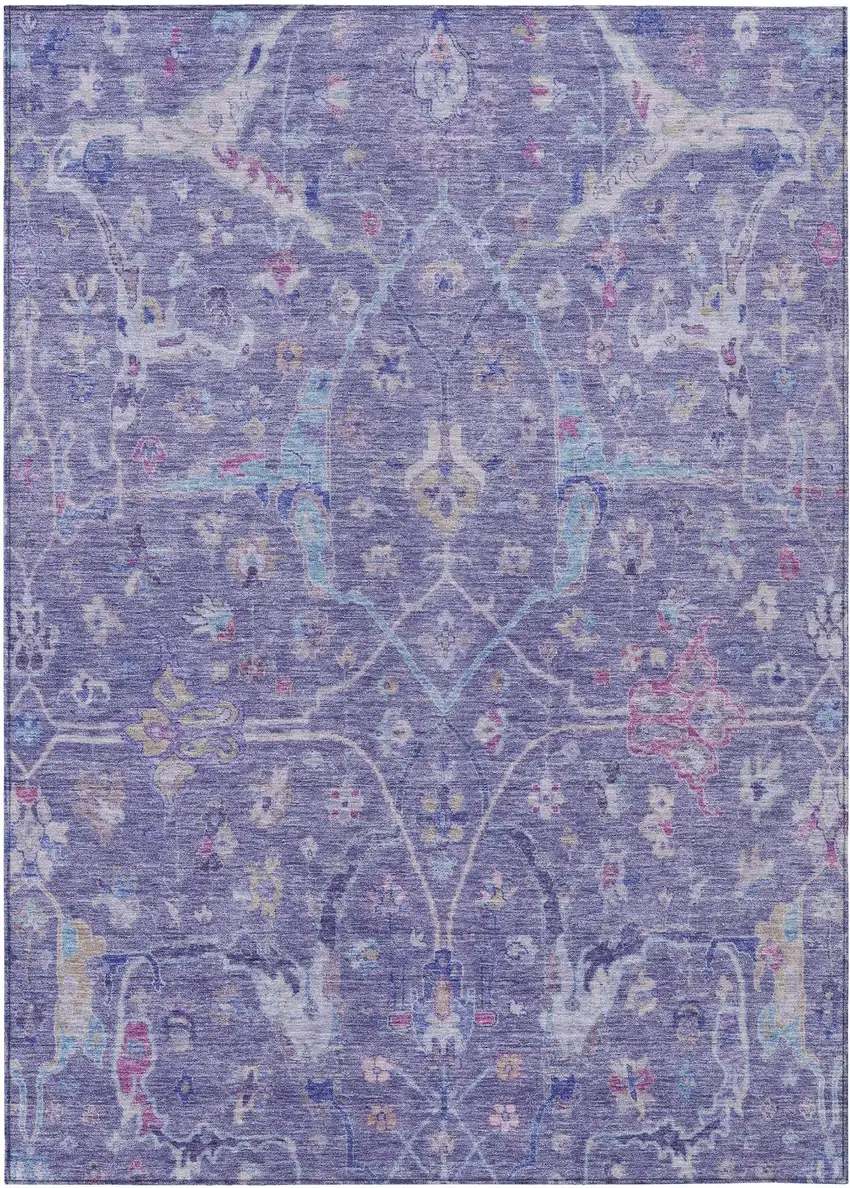 Purple Sky Blue And Silver Floral Washable Indoor Outdoor Area Rug Photo 2