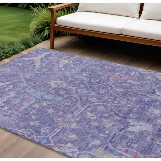 Purple Sky Blue And Silver Floral Washable Indoor Outdoor Area Rug Photo 1