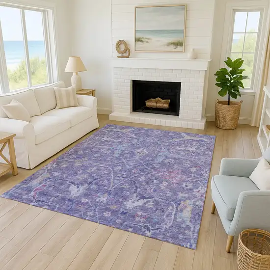 Purple Sky Blue And Silver Floral Washable Indoor Outdoor Area Rug Photo 9