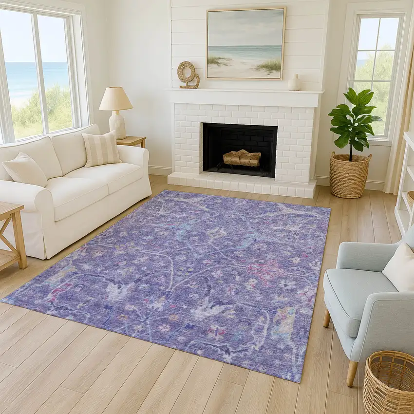 Purple Sky Blue And Silver Floral Washable Indoor Outdoor Area Rug Photo 9