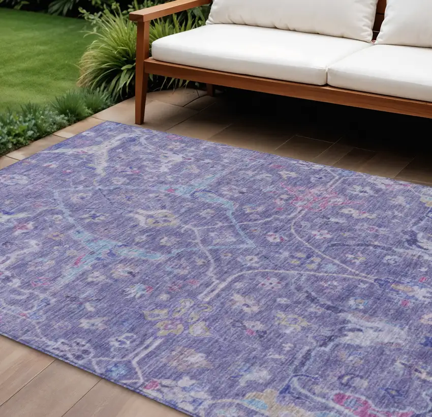 Purple Sky Blue And Silver Floral Washable Indoor Outdoor Area Rug Photo 1