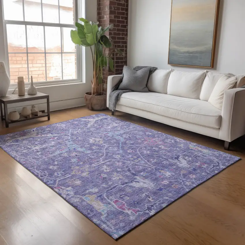Purple Sky Blue And Silver Floral Washable Indoor Outdoor Area Rug Photo 9
