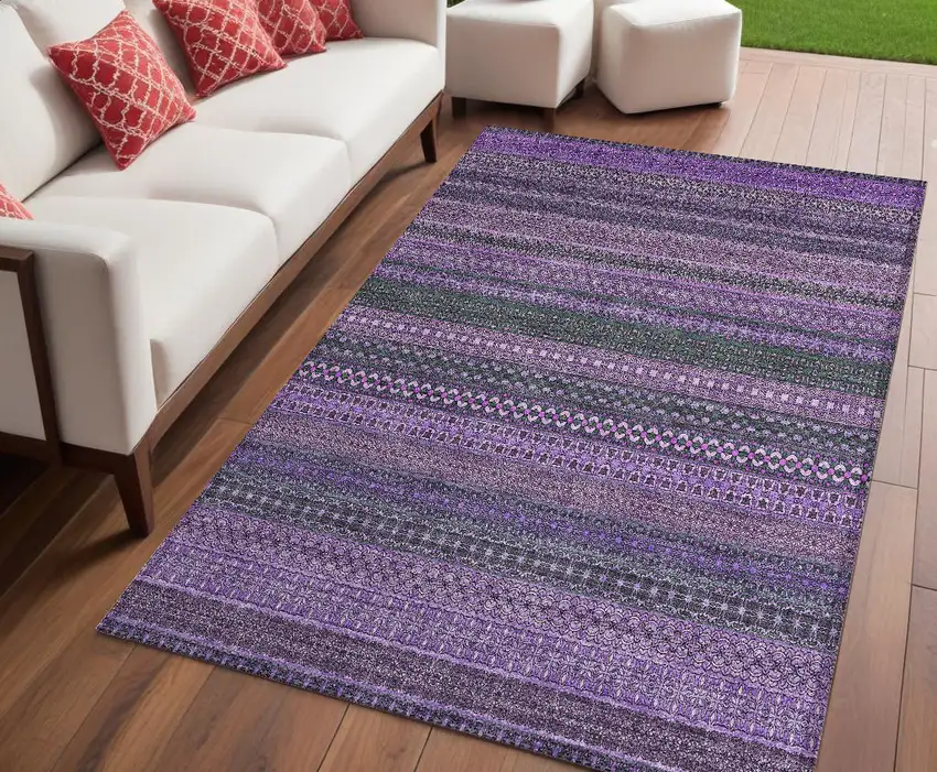 Purple Striped Washable Non Skid Indoor Outdoor Area Rug Photo 1