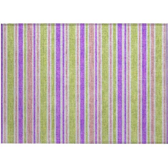 Purple Green and Pink Striped Washable Non Skid Indoor Outdoor Area Rug Photo 2