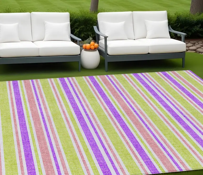 Purple Green and Pink Striped Washable Non Skid Indoor Outdoor Area Rug Photo 1