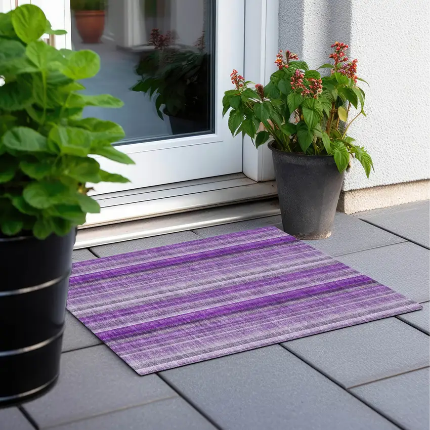 Purple Striped Washable Non Skid Indoor Outdoor Area Rug Photo 7