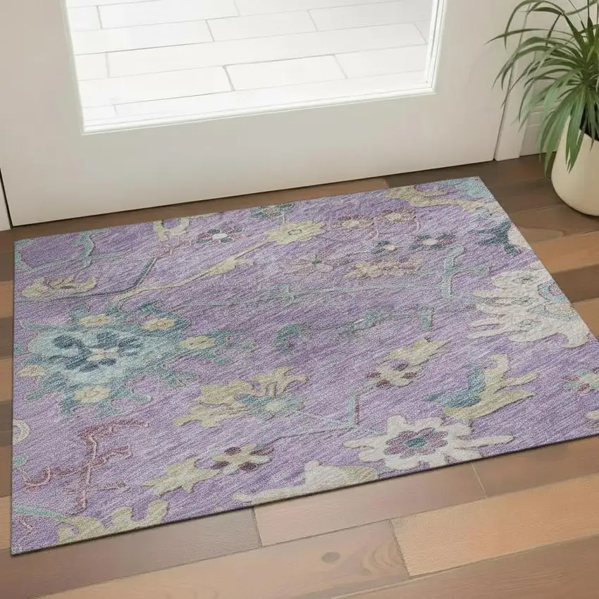 Purple Teal And Gold Floral Washable Area Rug With UV Protection Photo 2
