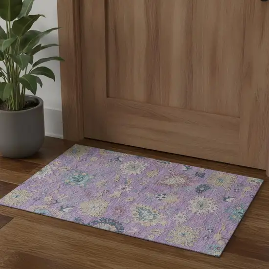 Purple Teal And Gold Floral Washable Area Rug With UV Protection Photo 1