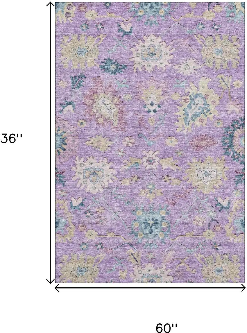 Purple Teal And Gold Floral Washable Area Rug With UV Protection Photo 3