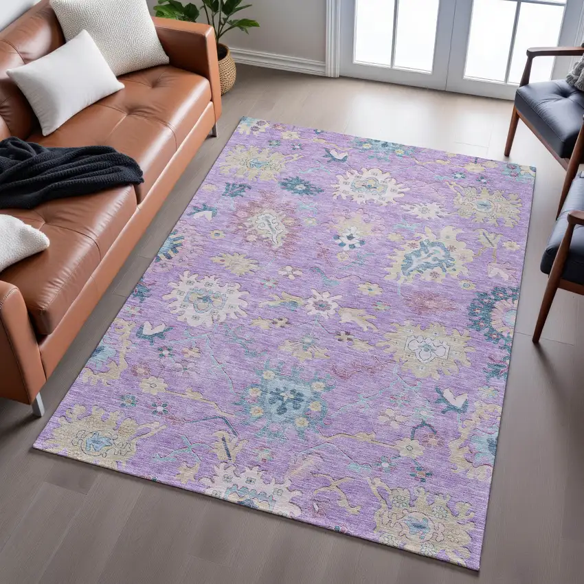 Purple Teal And Gold Floral Washable Area Rug With UV Protection Photo 4