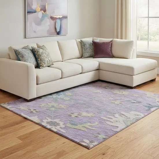 Purple Teal And Gold Floral Washable Area Rug With UV Protection Photo 2
