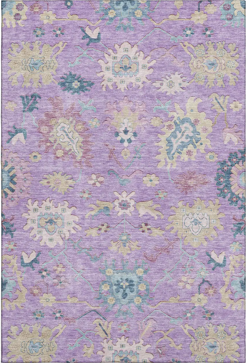 Purple Teal And Gold Floral Washable Area Rug With UV Protection Photo 4