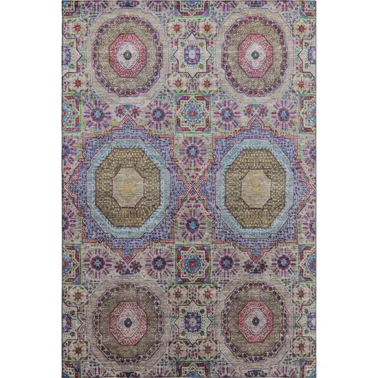 Purple Teal And Red Medallion Washable Area Rug With UV Protection Photo 1