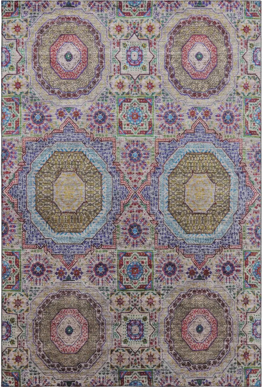 Purple Teal And Red Medallion Washable Area Rug With UV Protection Photo 1