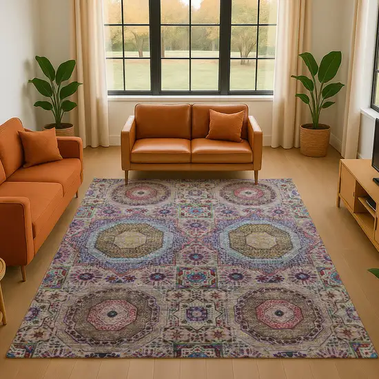 Purple Teal And Red Medallion Washable Area Rug With UV Protection Photo 5