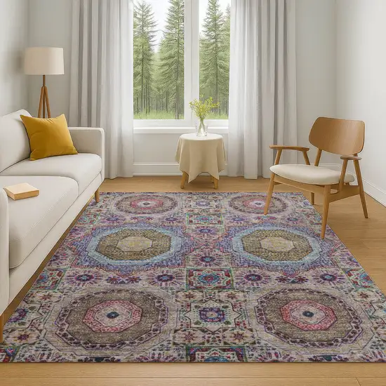 Purple Teal And Red Medallion Washable Area Rug With UV Protection Photo 6