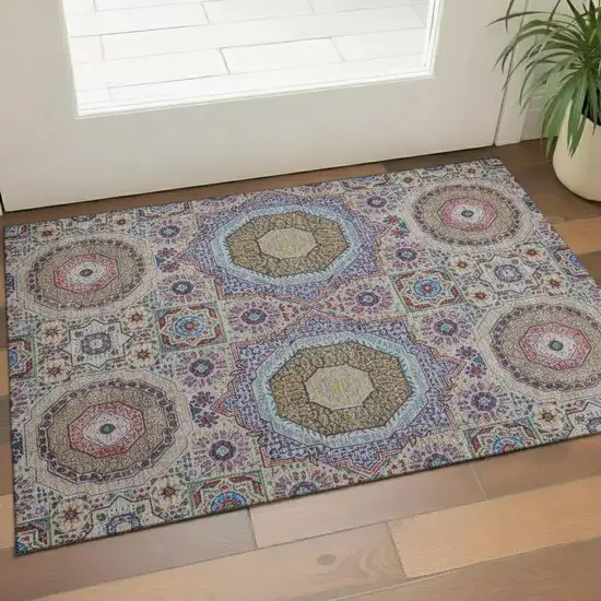 Purple Teal And Red Medallion Washable Area Rug With UV Protection Photo 2