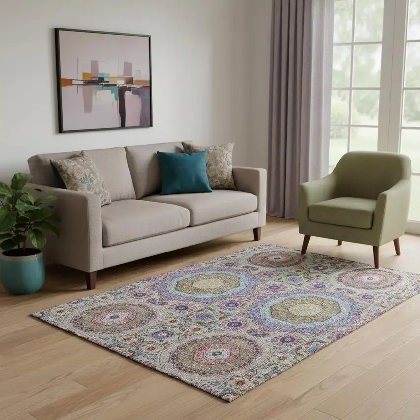 Purple Teal And Red Medallion Washable Area Rug With UV Protection Photo 2