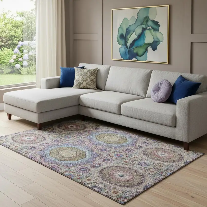 Purple Teal And Red Medallion Washable Area Rug With UV Protection Photo 2