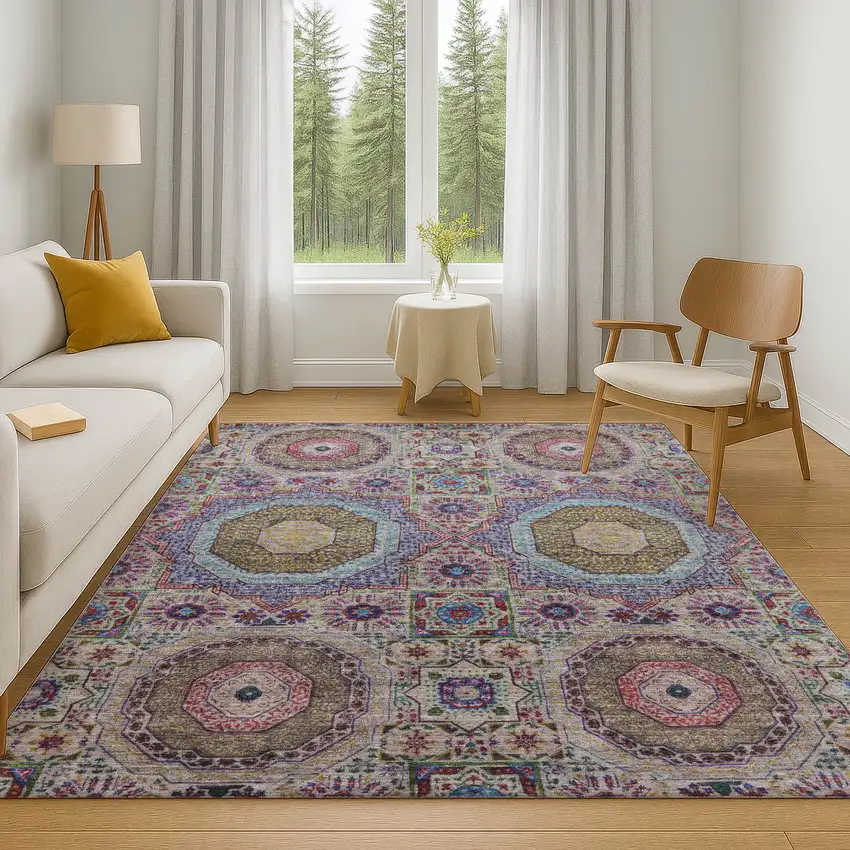 Purple Teal And Red Medallion Washable Area Rug With UV Protection Photo 5