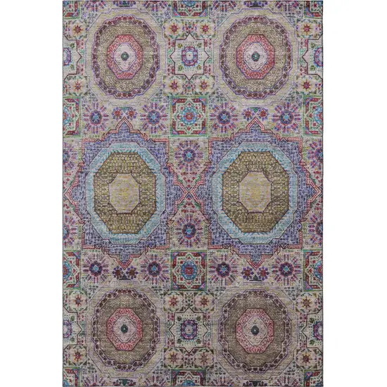 Purple Teal And Red Medallion Washable Area Rug With UV Protection Photo 3