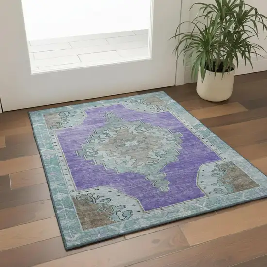 Purple Teal And Taupe Oriental Washable Area Rug With UV Protection Photo 2