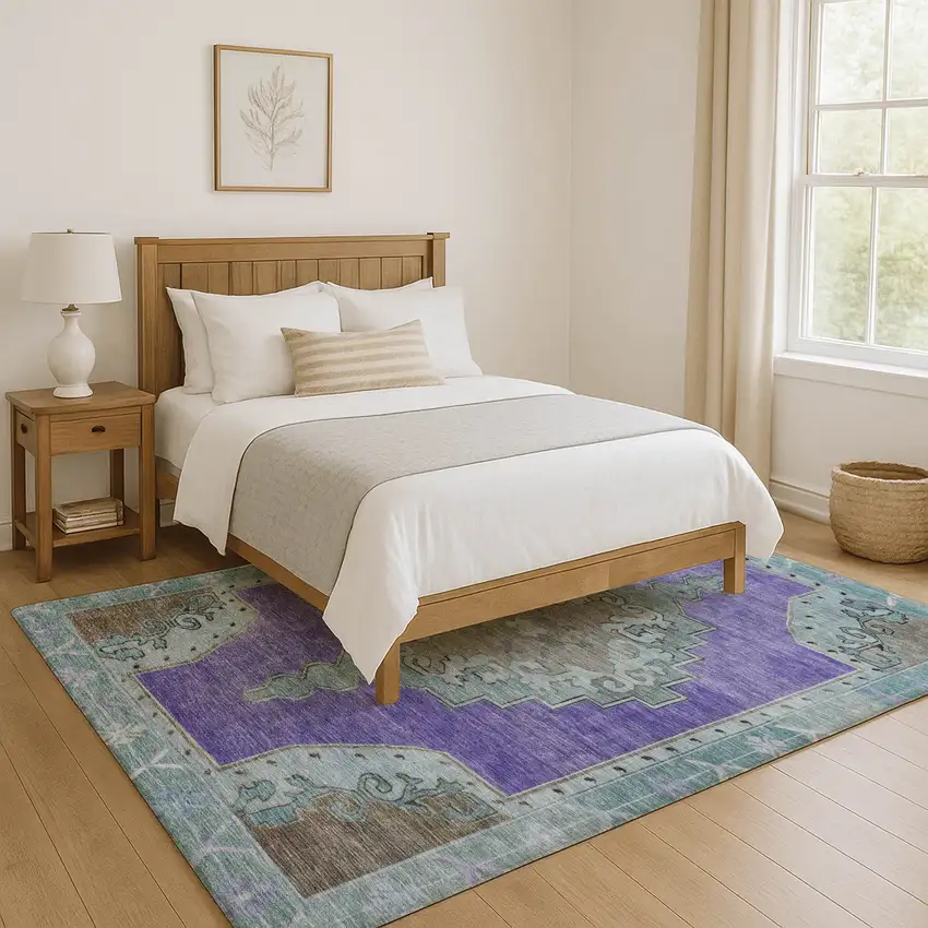 Purple Teal And Taupe Oriental Washable Area Rug With UV Protection Photo 5