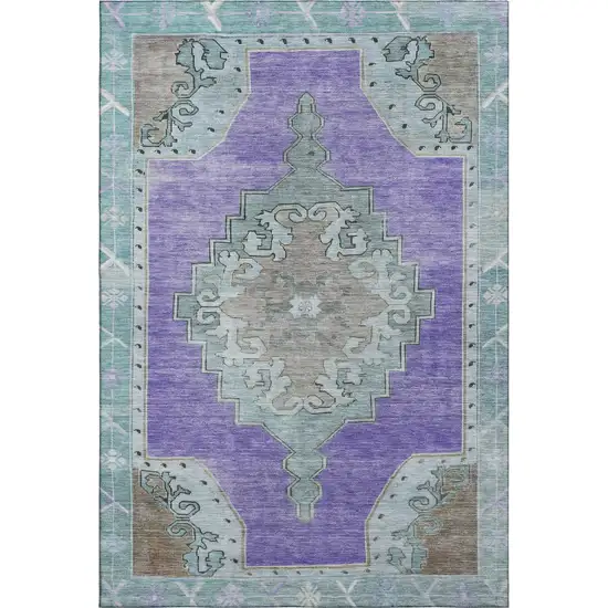 Purple Teal And Taupe Oriental Washable Area Rug With UV Protection Photo 1