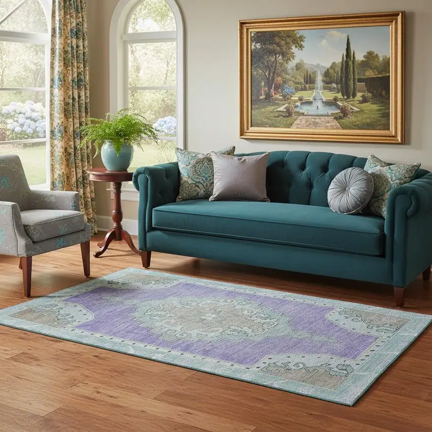 Purple Teal And Taupe Oriental Washable Area Rug With UV Protection Photo 2