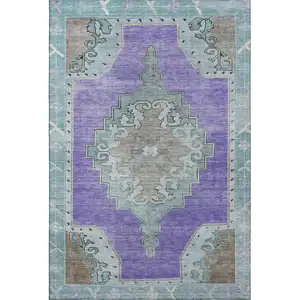 Photo of Purple Teal And Taupe Oriental Washable Area Rug With UV Protection