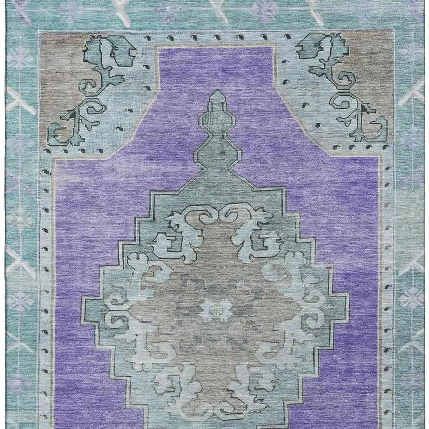 Purple Teal And Taupe Oriental Washable Area Rug With UV Protection Photo 3