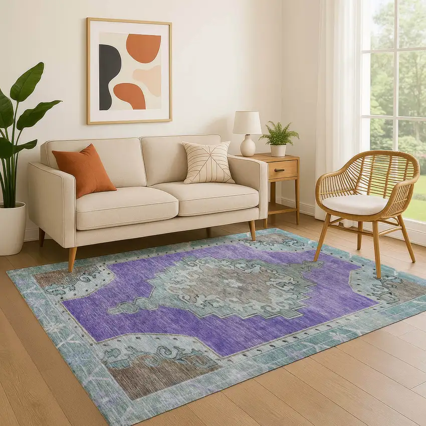 Purple Teal And Taupe Oriental Washable Area Rug With UV Protection Photo 4